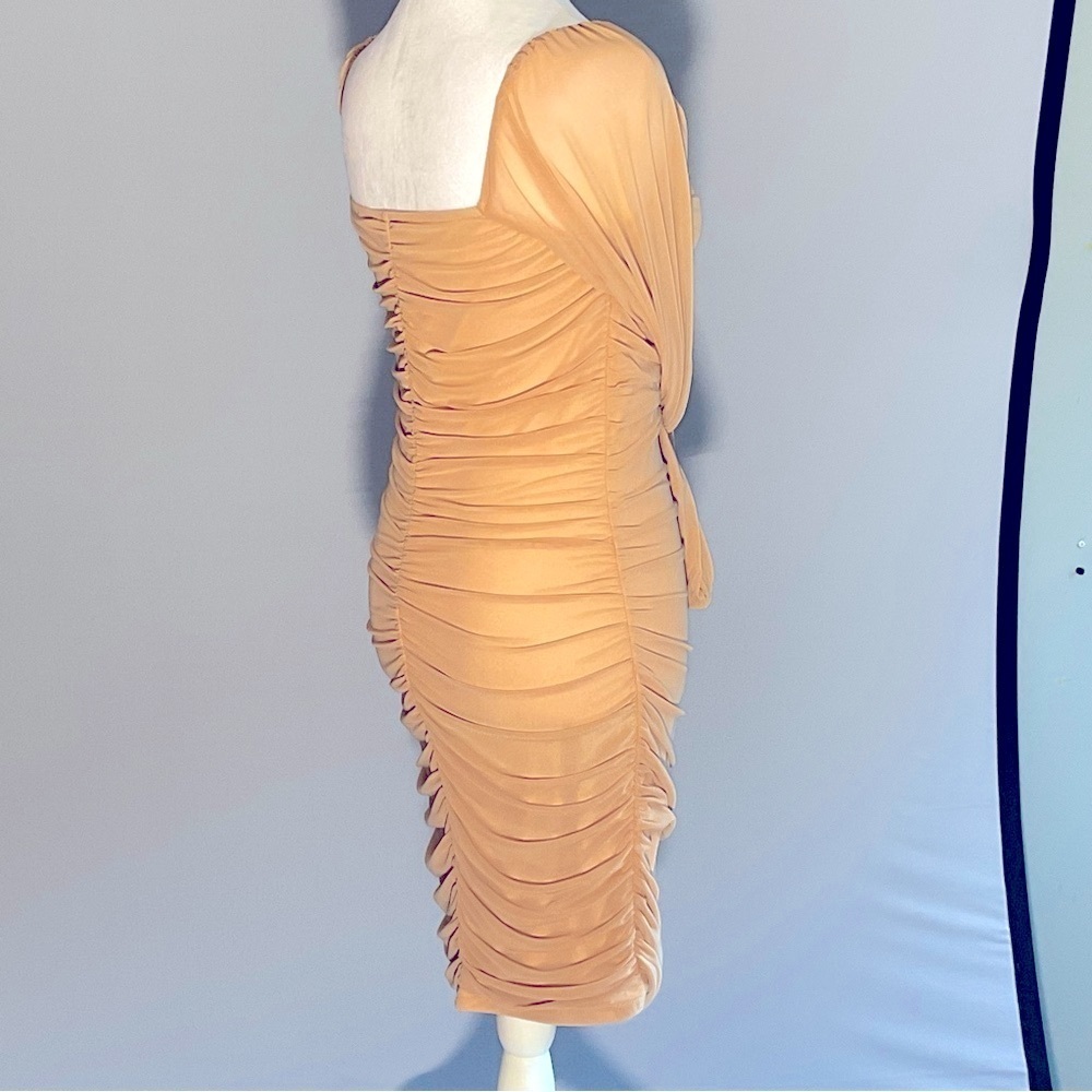 Beige Ruched Bodycon Dress Sheer Sleeves |Size S - Picture 5 of 16